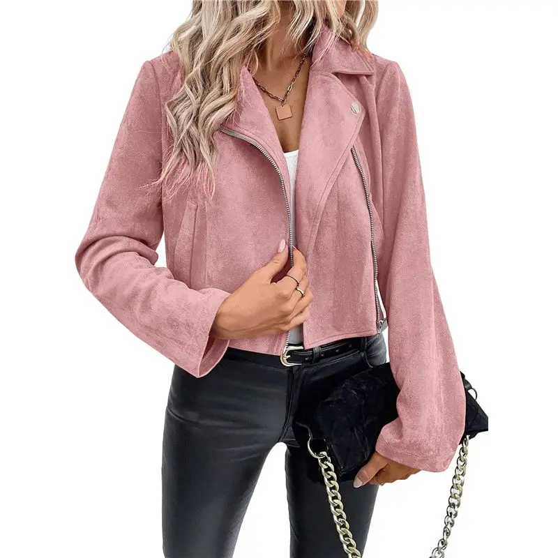 

A24F-Women's Cropped Zipper Long Sleeve Suede Faux Leather Blazer Jacket Autumn Fashion Outerwear