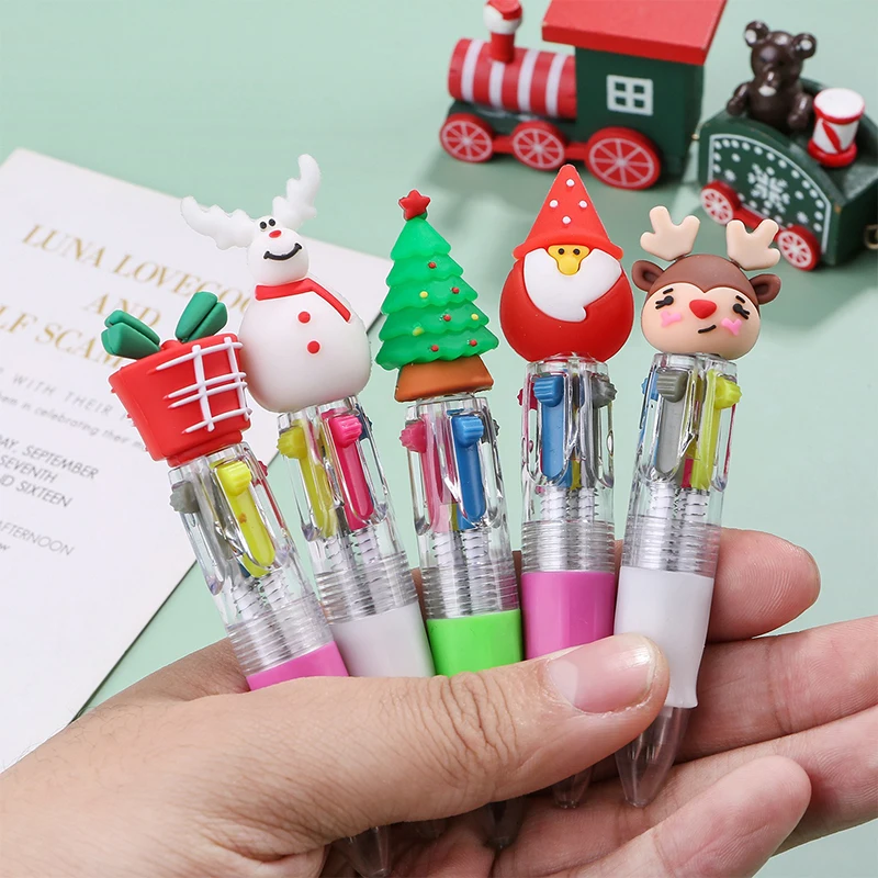 4Pcs Kawaii Christmas Mini 4 Color Ballpoint Pen Cute Cartoon Elk Santa Claus Retractable Pen Student Stationery School Supplies