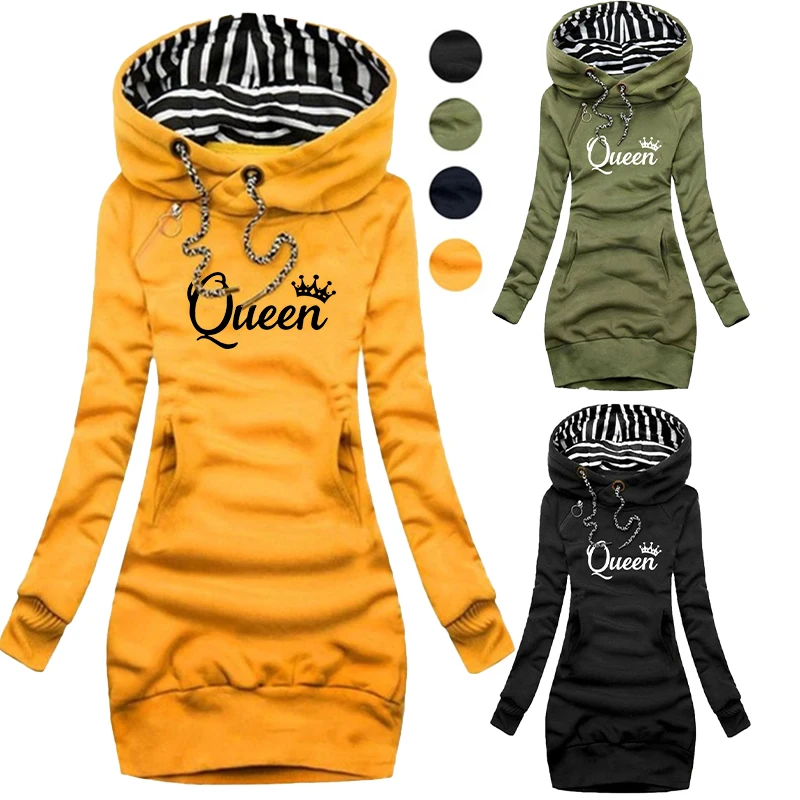 

2024 New Fashion Women's Long sleeved Hooded Dress with Pockets Autumn Print Slim Fit Pullover Hooded Dress