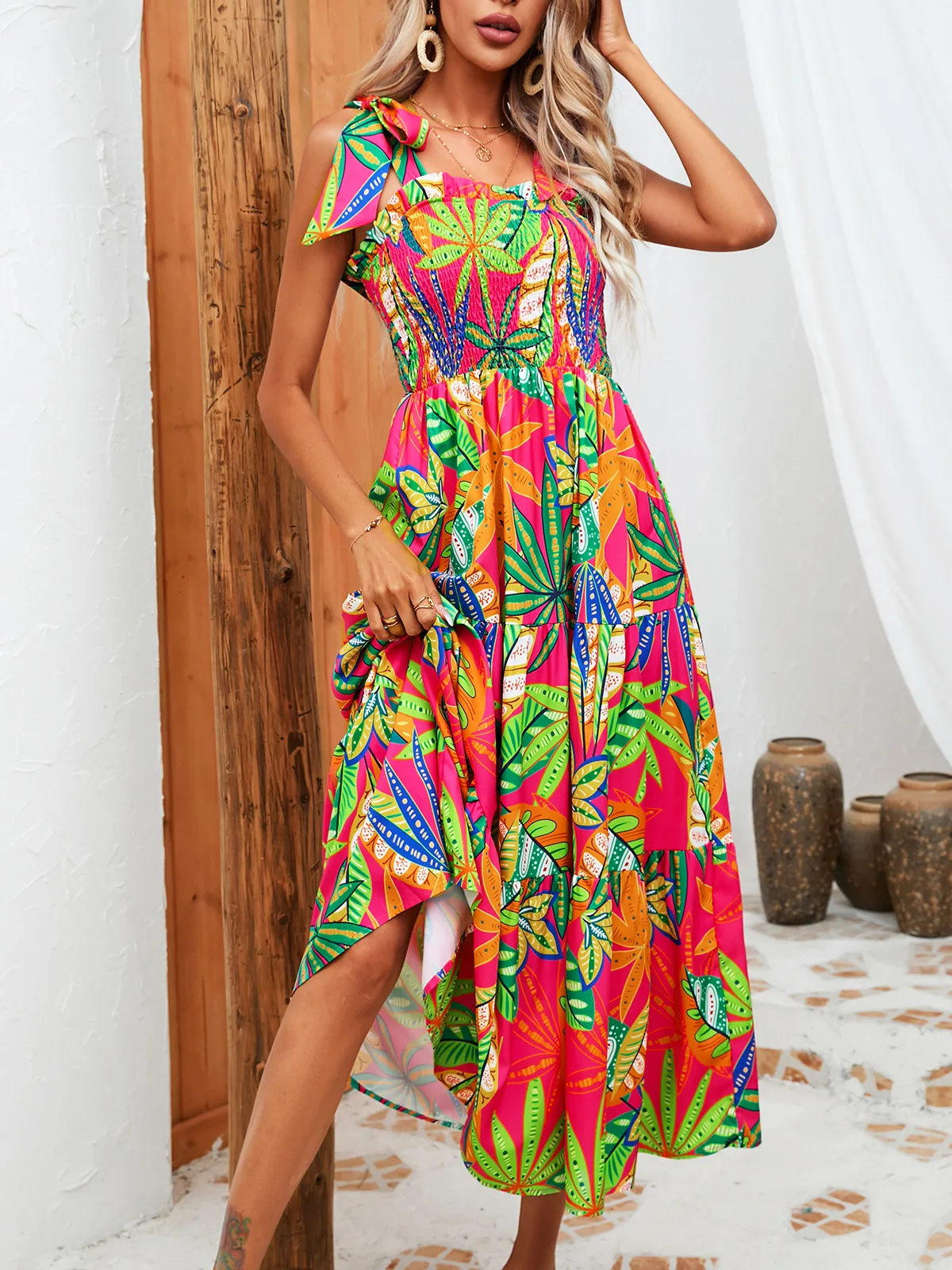 

Fashion Boho Flower Print Dress Casual Suspender High Waist Slim A-line Lace Up Long Dresses Summer Vacation Women Clothing