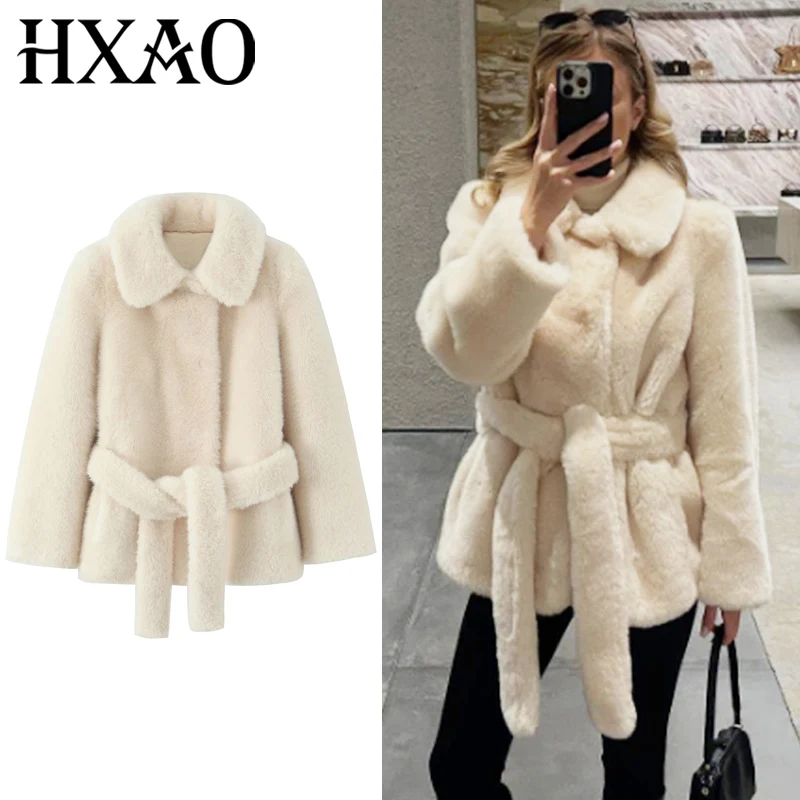 

HXAO Fluffy Faux Fur Coat Women's Jacket Demi-Season 2025 Lady Fashion Crop Belt Long Sleeve Hairy Jacket Elegant Warm Outerwear