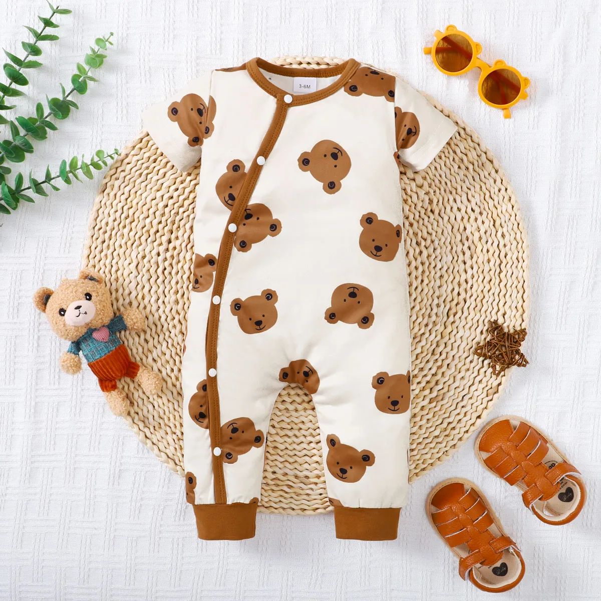 Summer Newborn Infant Baby Boys Romper Bear Print Short Sleeve Button Up Front Rompers Kids Onepiece Baby Suit