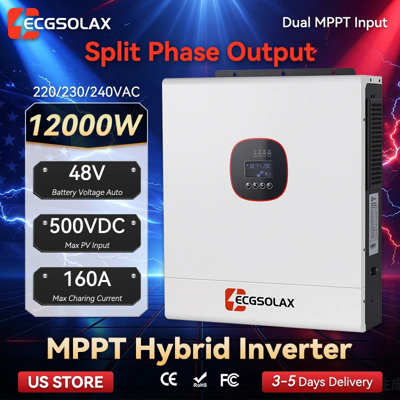 ECGSOLAX 12000W Hybrid Solar Inverter 48V DC Pure Sine Wave MPPT Solar Charger Dual AC Output Home Solar Power System Off Grid Backup Power