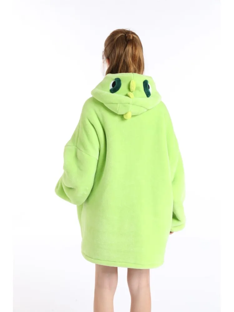 Boys and Girls Green Dinosaur Animal Kigurumi Oversized Hoodie Winter Warm Thick Fleece Sweatshirts Pullover Sherpa TV Blankets