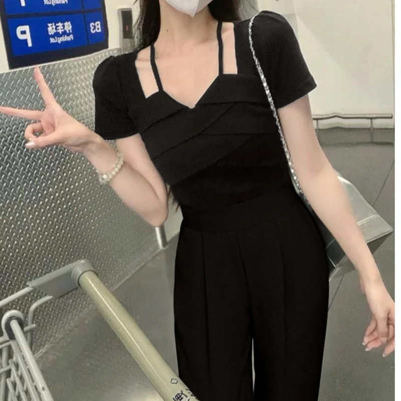 

Summer 2026 Women's Hang Neck Drapey One-Piece Pants High Waist Slimming Meat Covering Polyester Fiber Long Pants Wide Leg