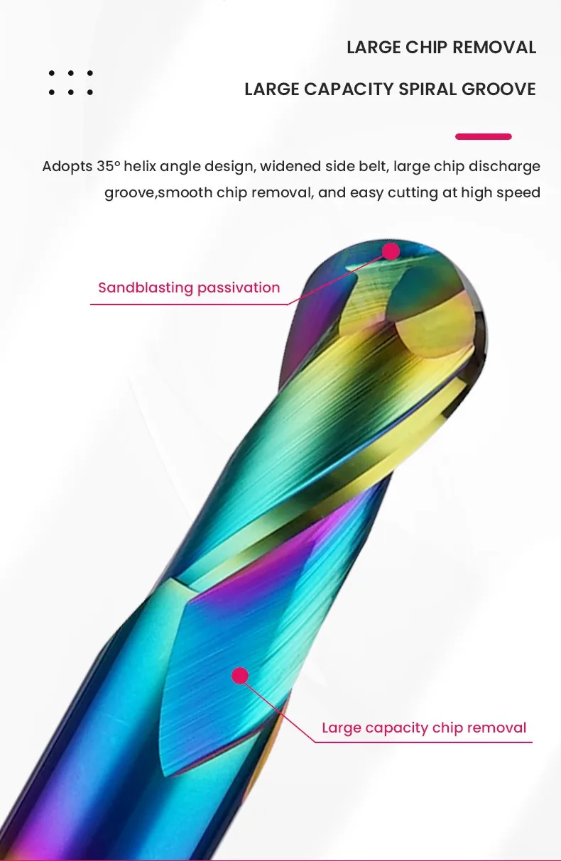SHAZAM TGP-HRC60 2-Schneiden Farbkreis DLC-Beschichtung Wolframstahl Hartmetall Aluminium Kugelkopffräser CNC-Bearbeitung Fräswerkzeug – Detail 8