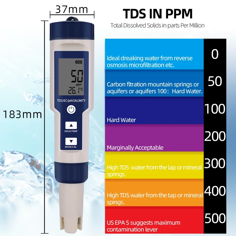 

5 1 PH Temperature TDS EC Salinity Meter Digital Waterproof Automatic Calibration 0.01pH Accuracy OEM 1 Year Warranty Water