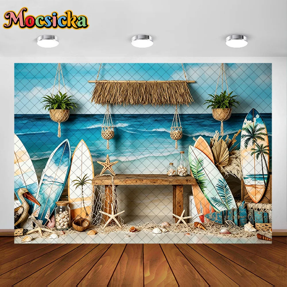 Mocsicka Summer Photography Backdrop Hawaiian Beach Shark Pirate Ship Decoration Kids Birthday Party Backgrounds For Photographs
