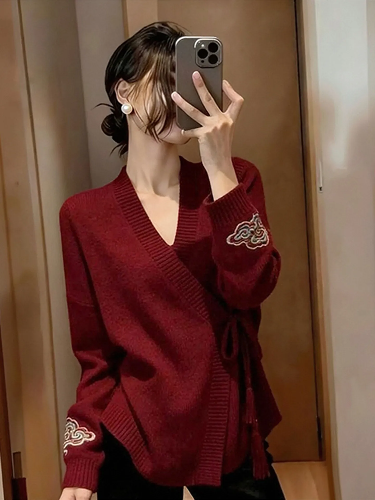 

Новый китайский вязаный свитер с вышивкой, красный, женский, свободный крой, базовый топ, большие размеры, осень-зима, модный