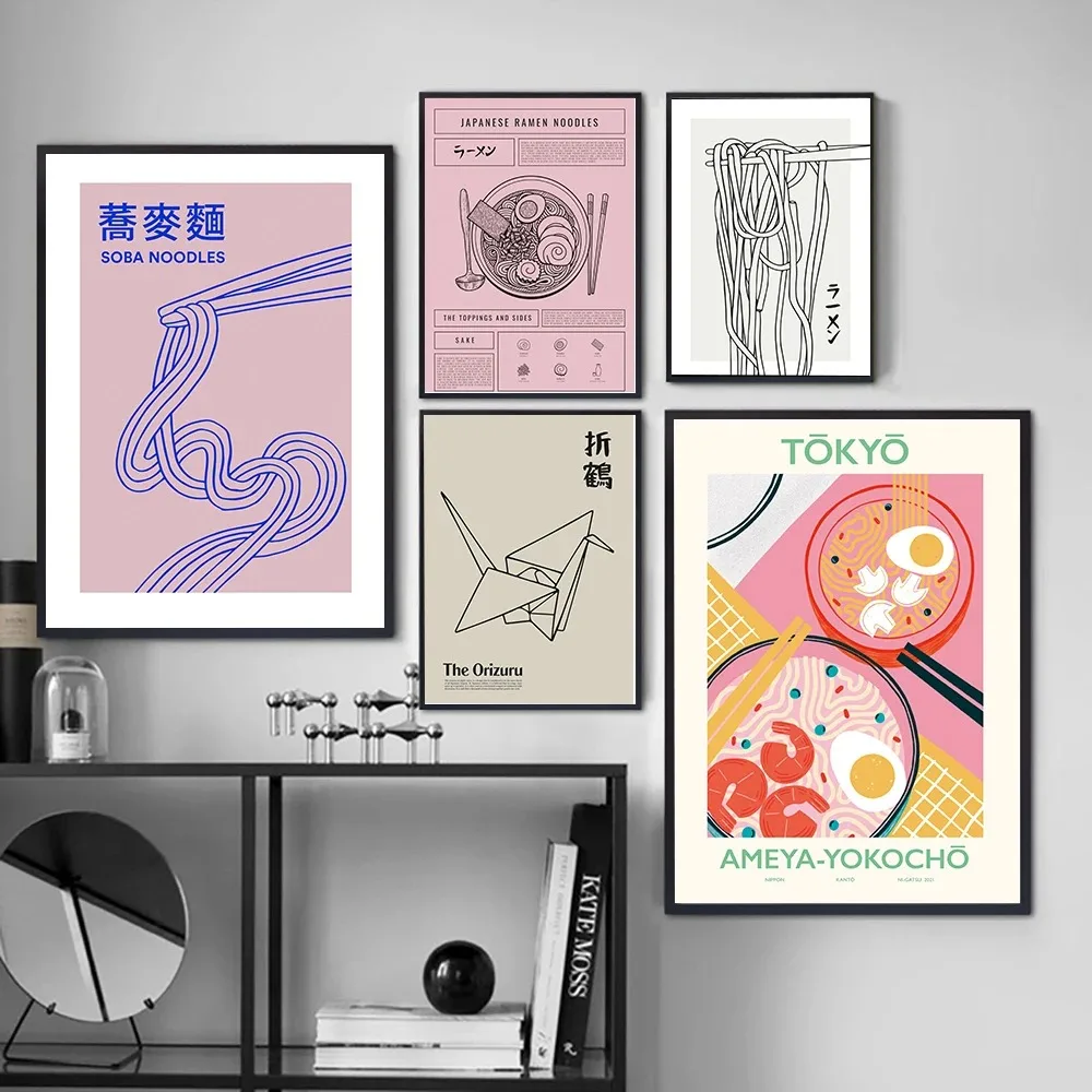 Póster de cocina japonesa, arte de pared de fideos Soba, Origami, pintura abstracta en lienzo, imagen impresa de comida de Tokio, decoración de sala de estar de Asia