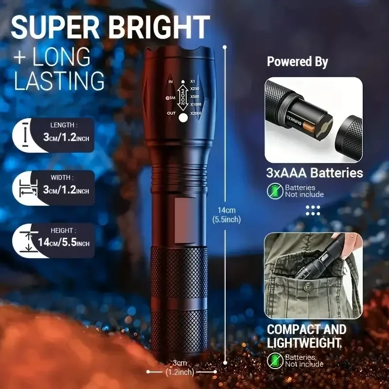 High Power LED Flashlight 5 Modes Zoomable Aluminum Camping Torch Waterproof Uses 3 AAA Batteries for Outdoor Activities ﻿