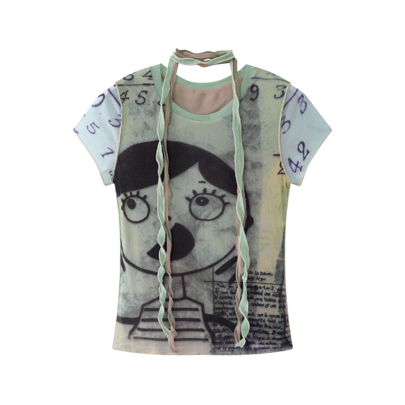 

Sweet Cool Print O-neck Lace Up T-shirt for Women 2024 Summer New Slim Fit Tops Mujer Y2k E-Girl Mesh Short Sleeve Tee Shirt