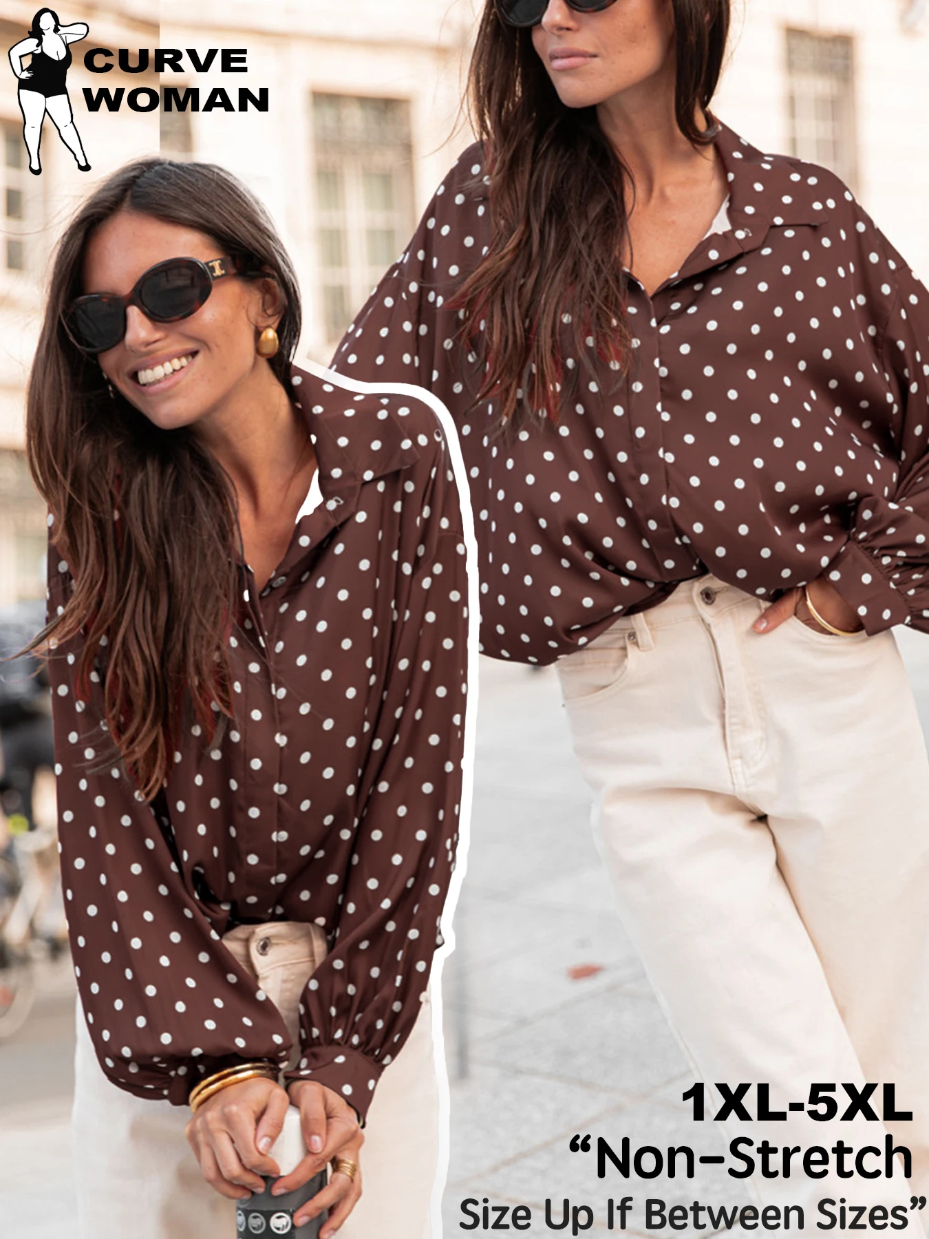 

Plus-size Women's Polka Dot Shirt, Brown with Polka Dot Print, Fashionable & Elegant.
