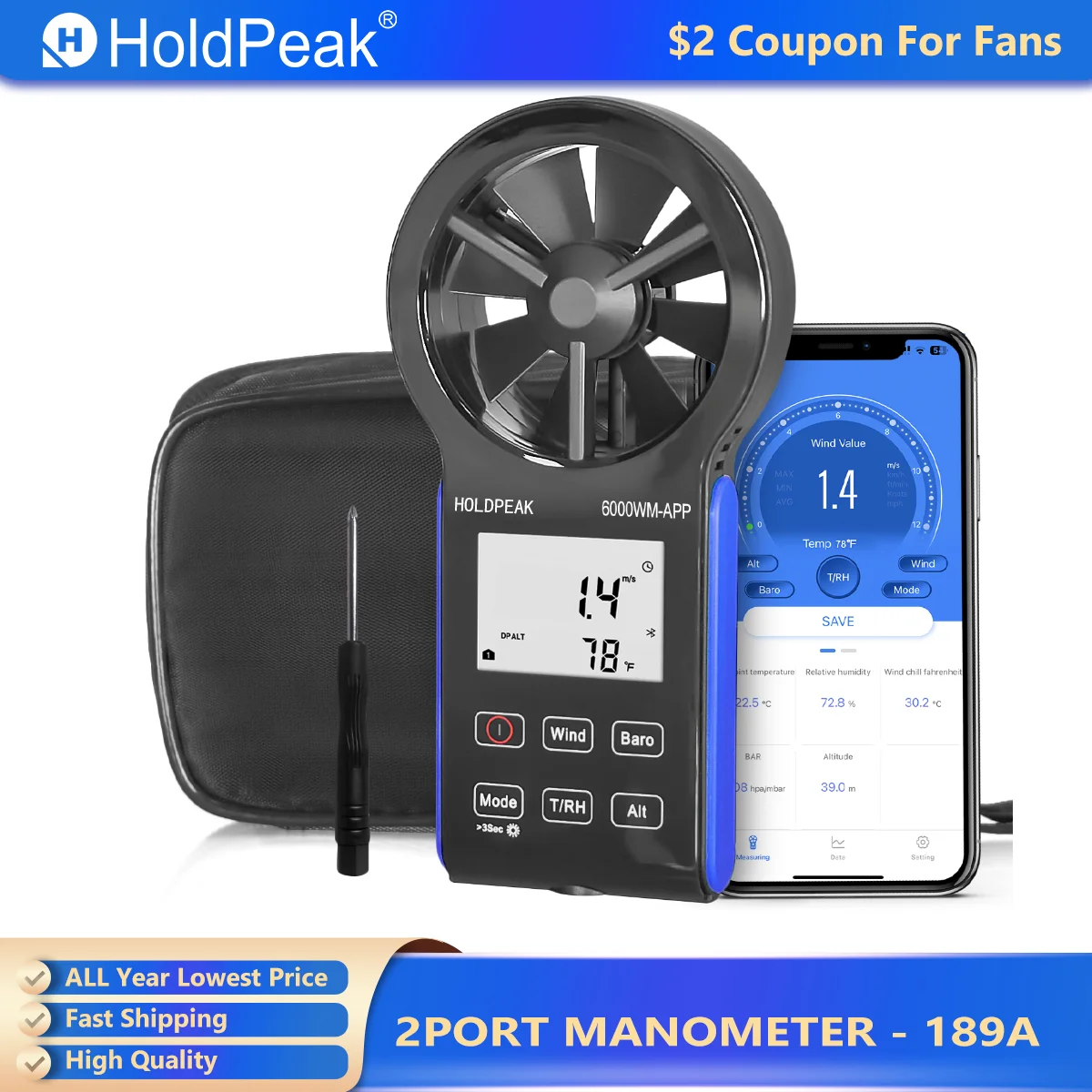 HOLDPEAK 6000-WM-APP inteligentny cyfrowy anemometr, miernik prędkości wiatru Bluetooth, HVAC Avg objętość powietrza, wysokość CFM, ciśnienie barometryczne