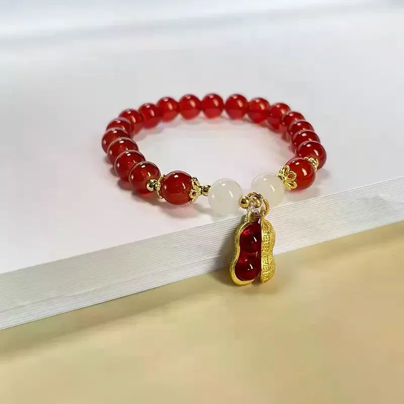 New Year Lucky Beaded Bracelet Elegant Red Beads Peanut Pendant Charm Bangle Chinese Style Jewelry For Women Festival Gifts