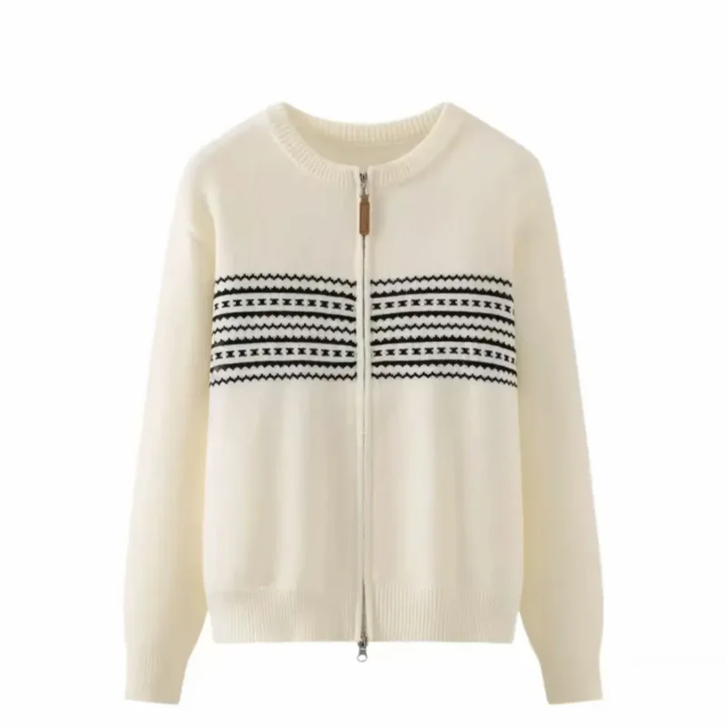 Women Round Neck Fair Isle Jacquard Knit Cardigan Double Zipper Color Block Sweater Coat
