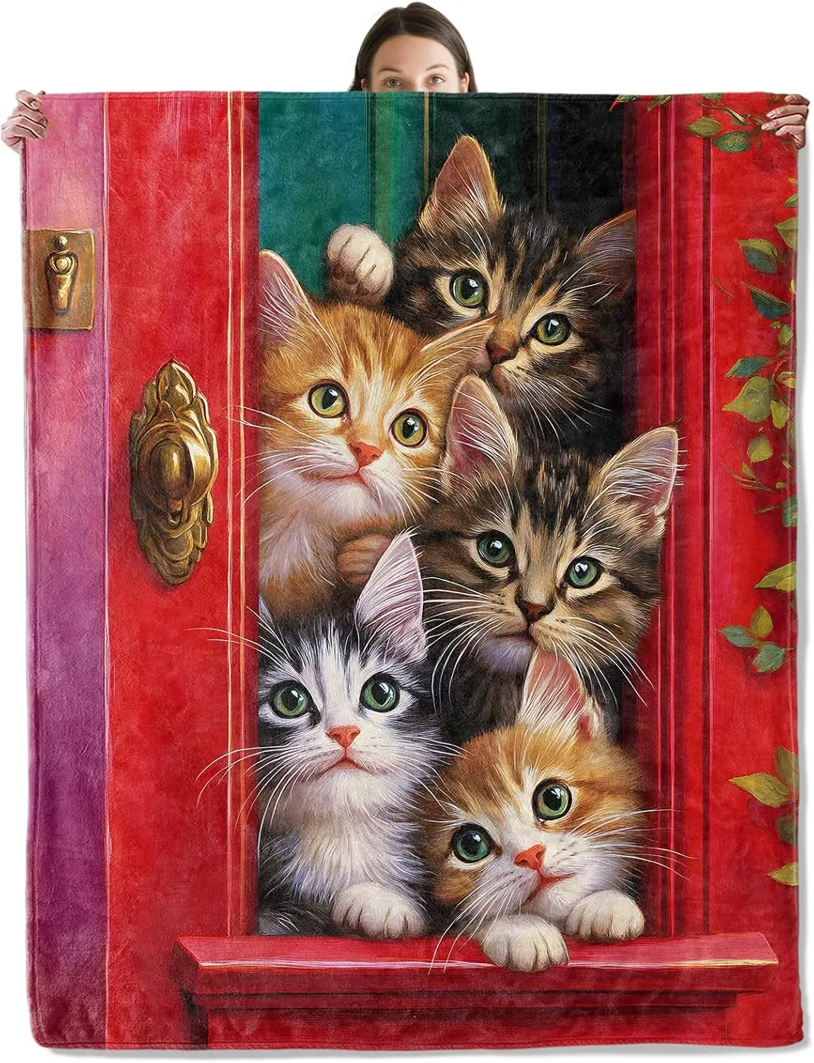Five Kittens Peeking Red Door Window Flannel Throw Blanket Soft Warm Cover For Sofa Bedroom Pet Room Lovely Cat Decor Gift