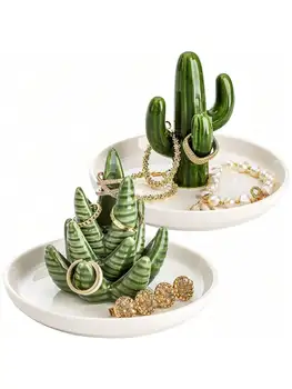 Vassoio per anelli di aloe e cactus da 1 pezzo, vassoio per collane, orecchini, bracciale, pianta in ceramica, decorazione domestica