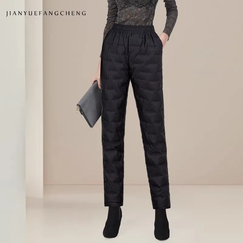 Fashion Women Winter Black Quilted Down Pants Warm White Duck Down Padded Puffer Trousers Elastic Waist Female Casual Pants