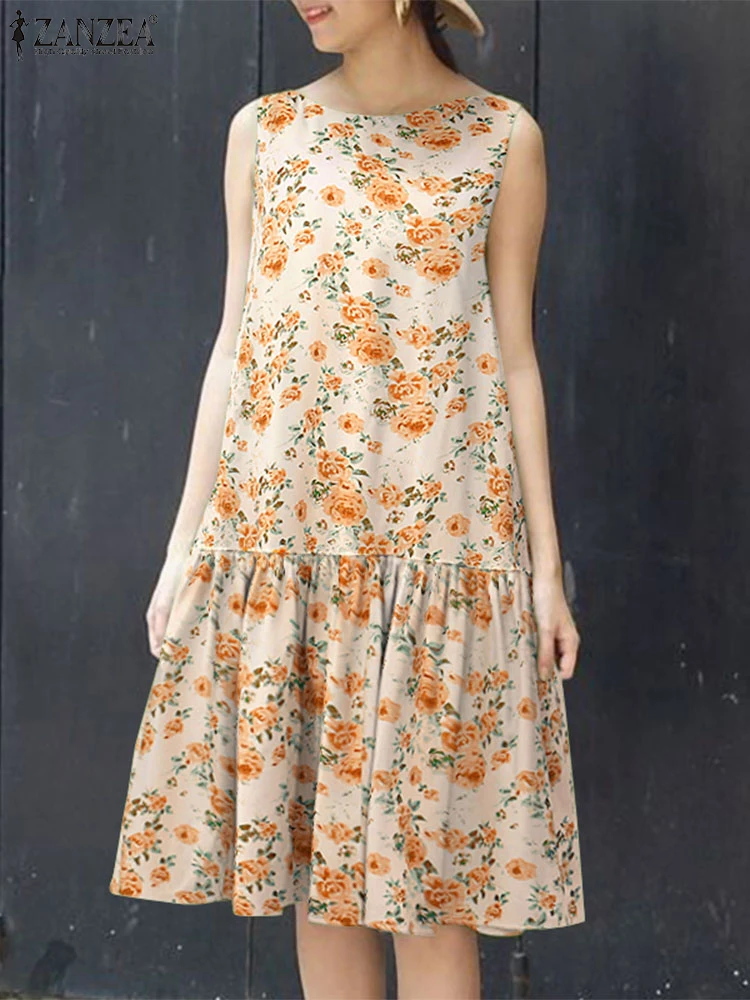 ZANZEA bohème imprimé fleuri robes femmes été Robe d'été mode sans manches à volants genou longueur fête robes Robe Femme