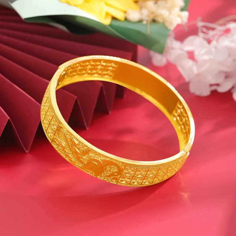 Luxury 24K 9999 Pure Gold Women's Bracelet Hollow Carved Vintage Bracelet Peacock Open Screen Snap Bracelet