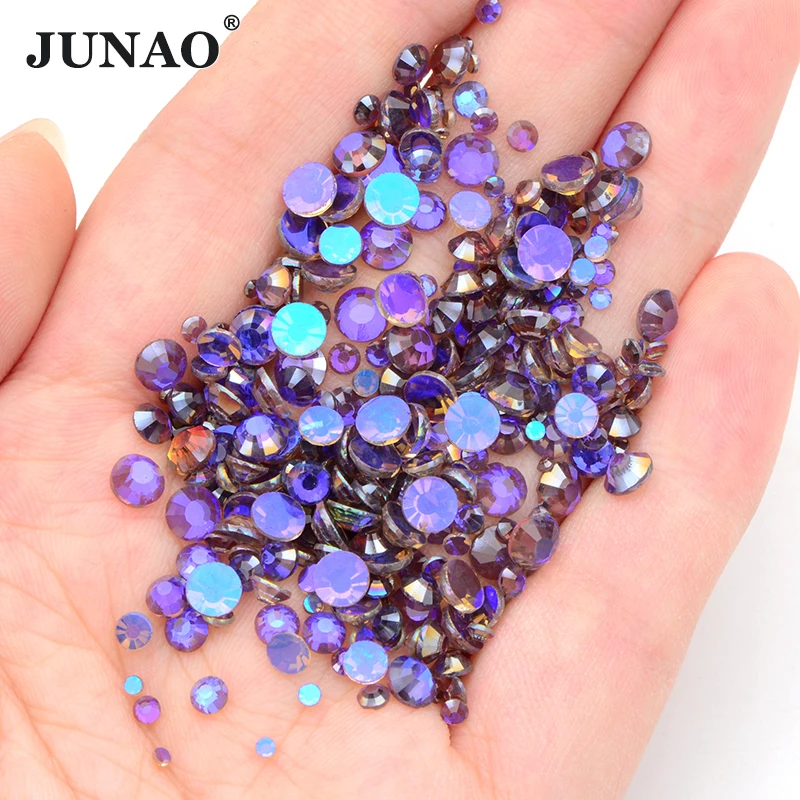 JUNAO AAAAA Top Quality Aurora Green AB Mix Size Glass Nail Rhinestones SS6-SS20 Round Crystal Stones Non Hotfix Strass 1400pcs