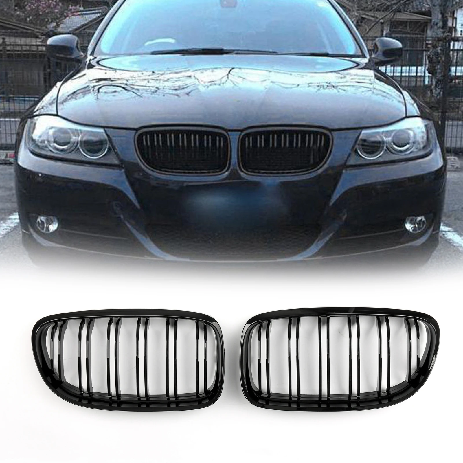 Areyourshop Front Kidney Grill Grilles Double Rib for BMW 3 Series E90 E91 Facelift LCI 2008-2012