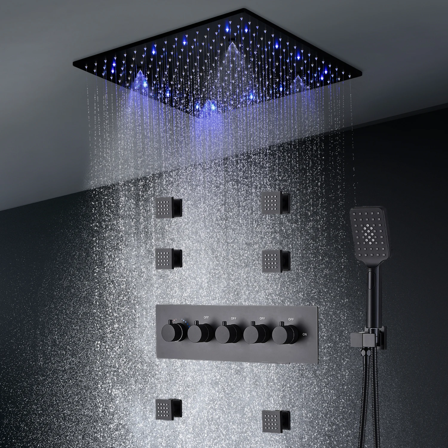 

20'' Black Shower Set 500mm LED ceiling Rain Mist Shower head Body jets 2'' Massage Thermostatic 4 Ways mixer