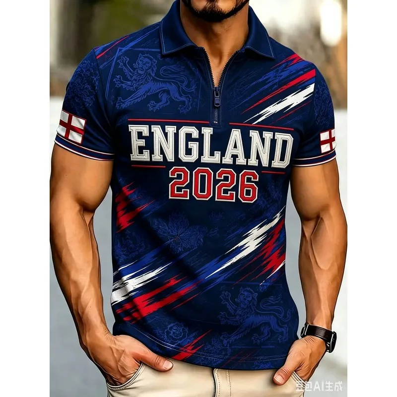 England Football Half Zip Polo Shirt Printing George Cross Print T-shirt Unisex Youth Soccer Supporter Uniform Casual Sport Tee