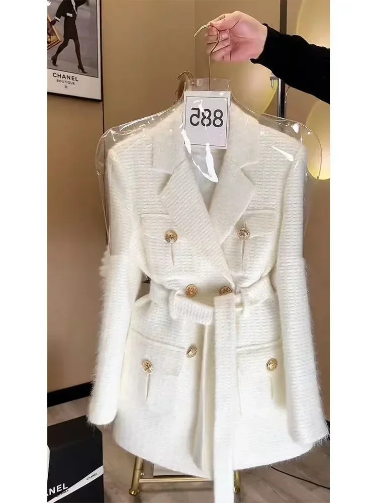 Imagem -05 - Jaqueta de Blazer Branco Coreano Feminina Manga Comprida Cabolsa Trespassado Tops Femininos Outono Inverno Nova Moda Vintage Notável 2023