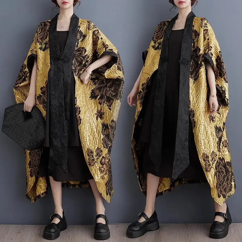 

2025 Spring Autumn Chinese Style Flower Jacket Women's Casual Large Size Bat Sleeve Cardigan Color Block Coat Shawl Coat ZT186