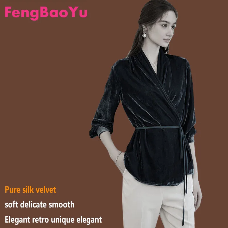 

100% Natural Silk Velvet Women's Blouse Elegant Style Button-Up Shirt Fashion V-Neck New Design Comfortable Clothing