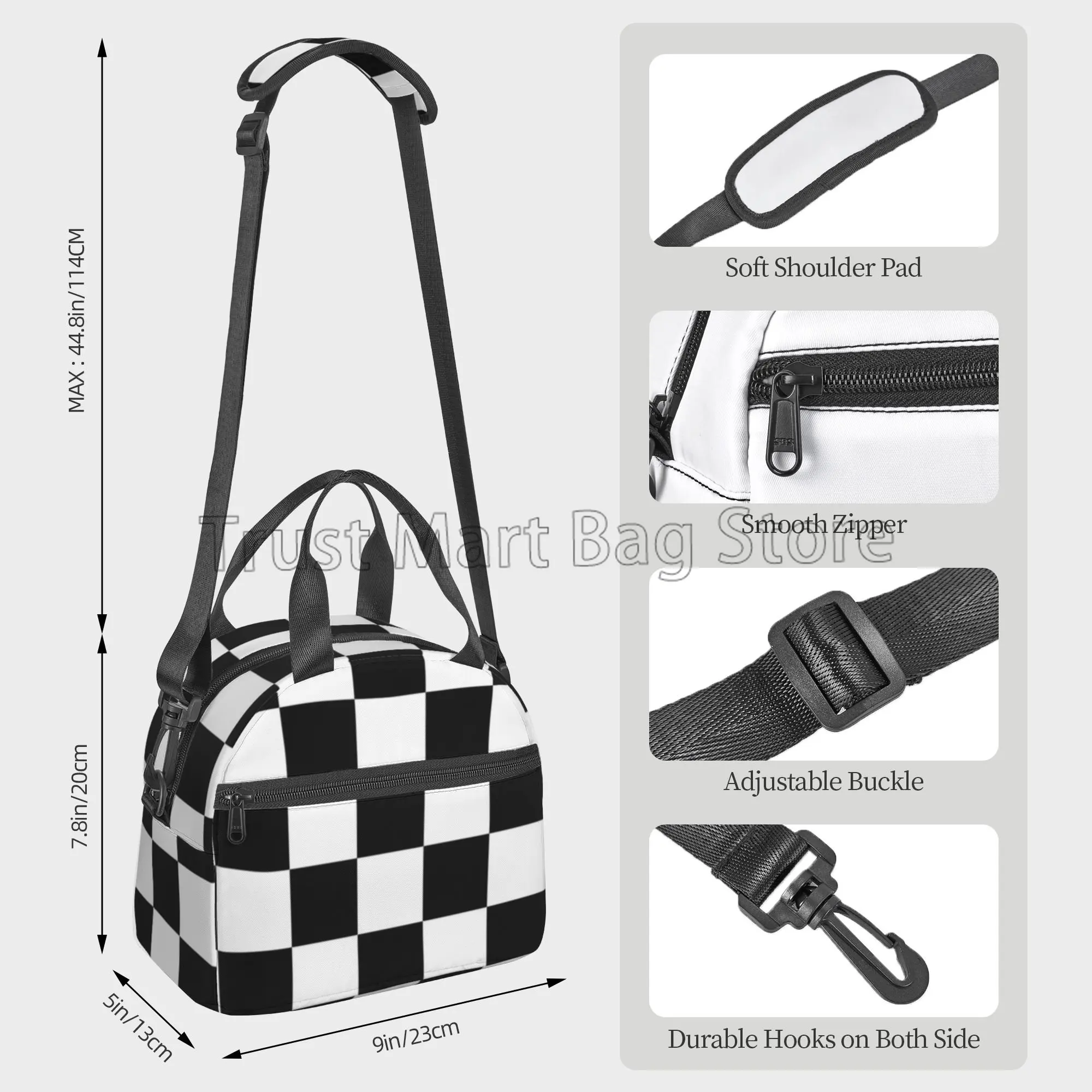 Black White Checkered Print Lunch Bag Checkerboard Reusable Insulated Tote Bag Lunch Container with Adjustable Shoulder Strap