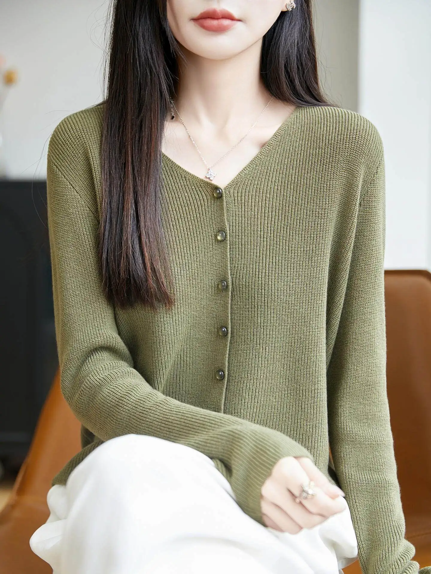 Elegant V-Neck Knitted Open Cardigan Women's Short Outerwear Grey Button Sweater Top Minimalist Style Warm Soft Long Sleeve
