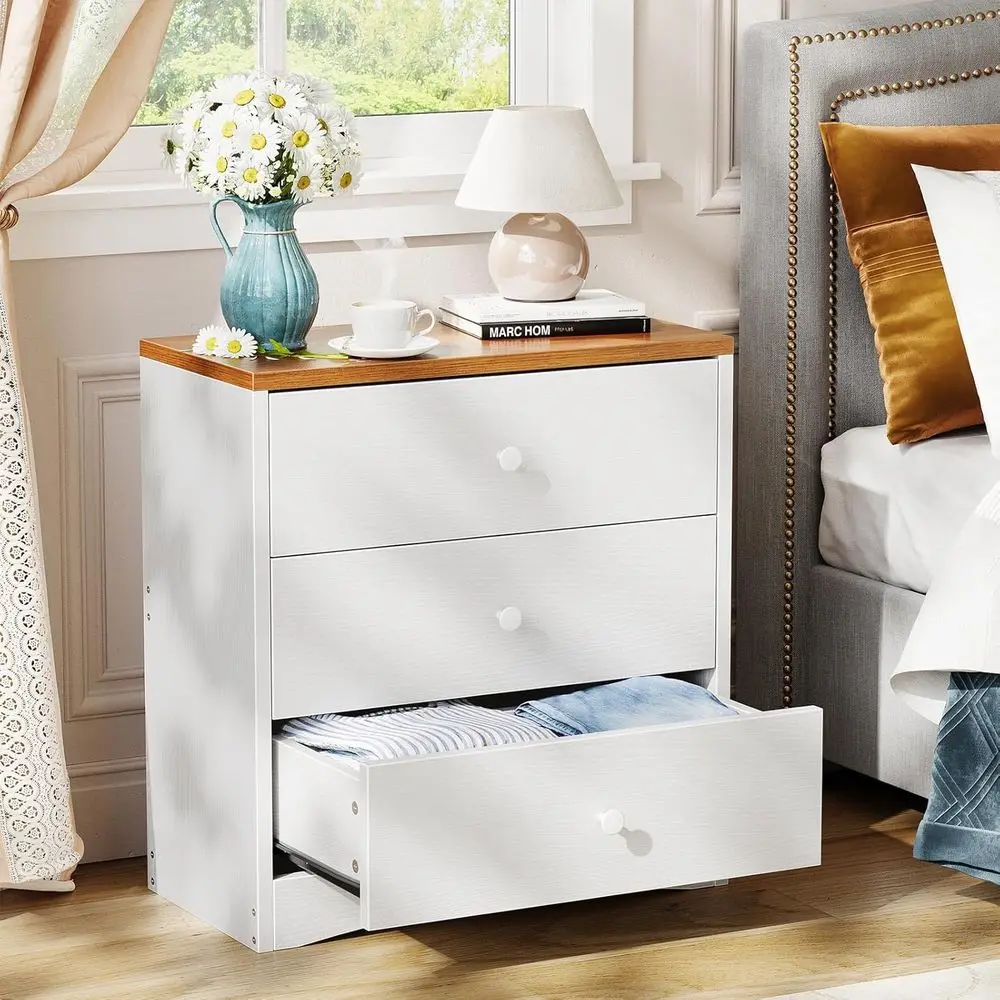 

Wooden Farmhouse-Style 3-Drawer Nightstand, White & Walnut, Ideal for Small Spaces night stands for bedroom bedroom furniture