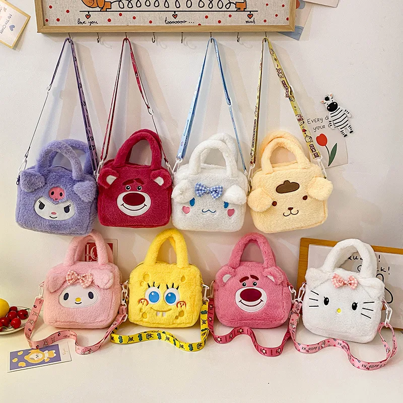 Sac à main en peluche Sanurgente Cartoon pour enfants, Hello Kitty, Kuromi, Melody, Cute Crossbody Bag, Anime Figure, Initiated Bags, Birthday Gifts