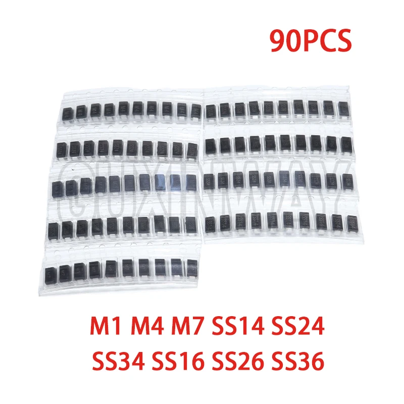 90 قطعة المعدل ديود 1N4007 1N4001 1N4004 SS14 SS24 SS34 SS16 SS26 SS36 SMD شوتكي ديود مجموعة متنوعة