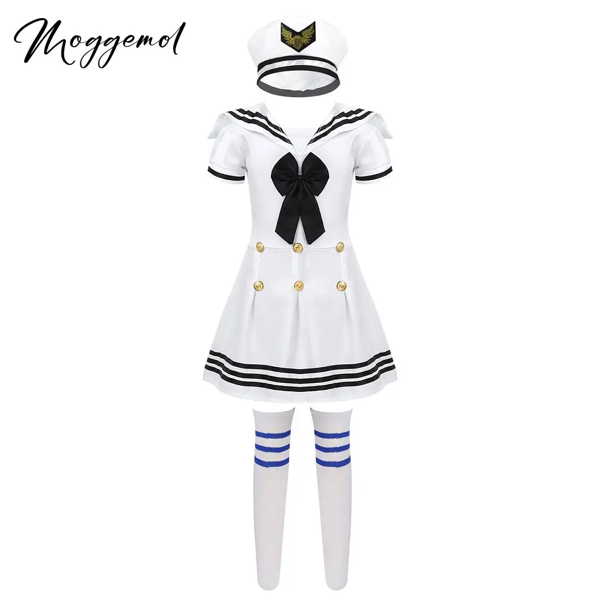 

Kids Girls 3Pcs Navy Sailor Dress Uniform Team Dancing Costume Child School Chorus Performance Captain Outfit with Hat and Socks