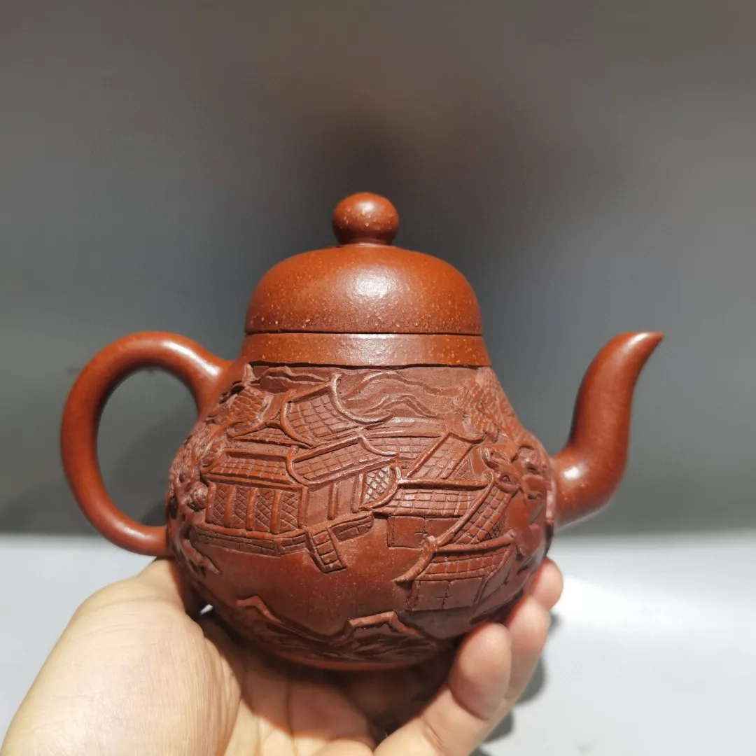 7 "الصينية ييشينغ الأرجواني وعاء الطين كيرين تمثال ورقة منقوشة إبريق الشاي غلاية إبريق الشاي الإبريق جمع ثروة الحلي تاون هاوس