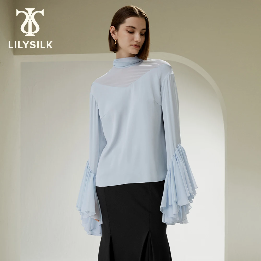 LILYSILK Silk Blouse for Women 2023 Flared Sleeve Mock Neck Semi-sheer Cut-out Button Back Party Clothing  Free Shipping