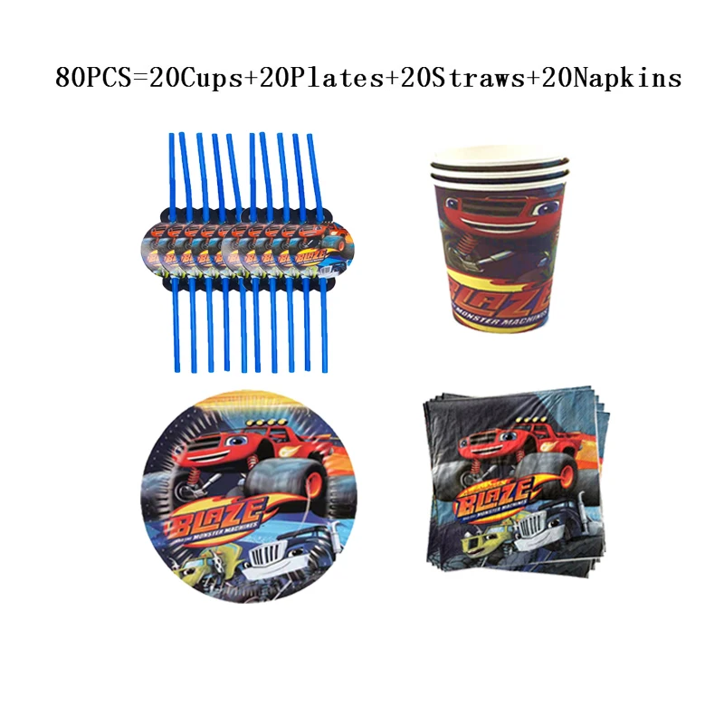 Blaze And The Monster Machines Theme Party Supplies Children Birthday Blaze Paper Cups Plates napkins Flags Tablecloth Supplies