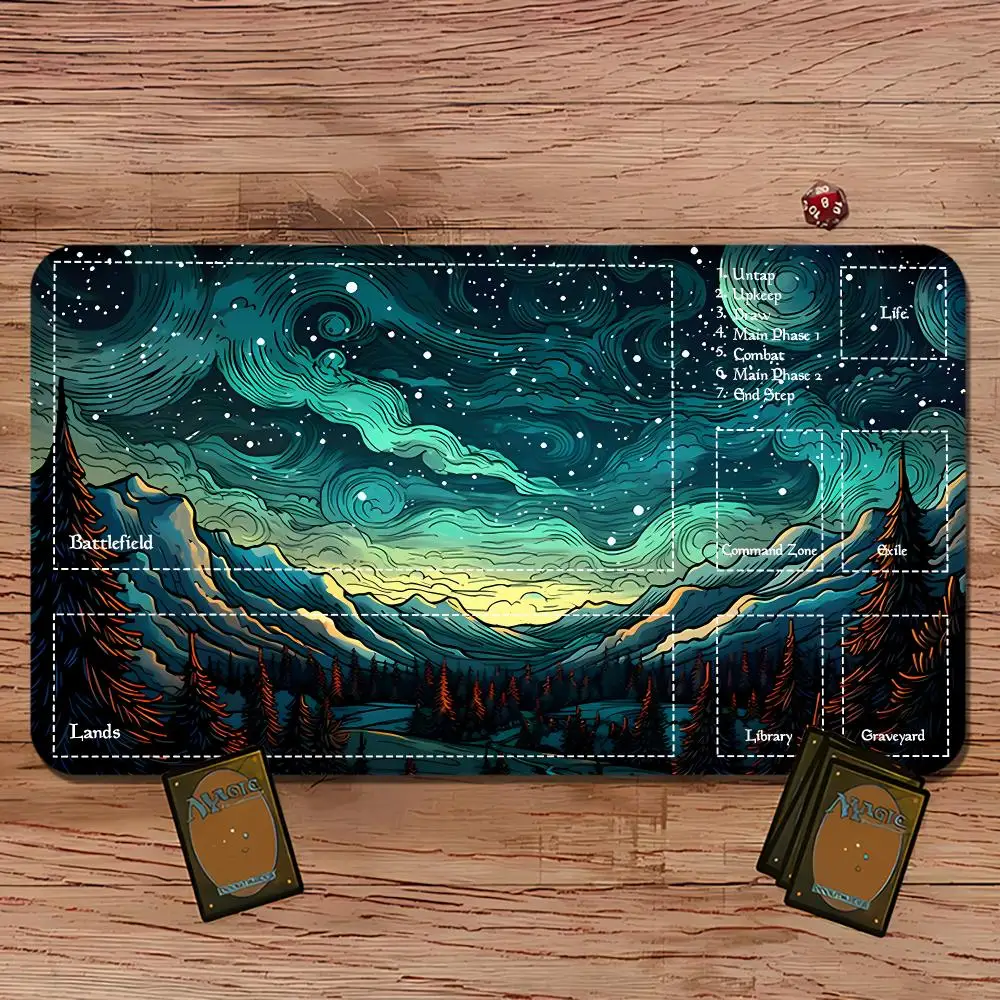 Cosmic Starry Mountain Landscape TCG Playmat 35X60CM Magic Card Battle Mat Non‑Slip Durable Stitched Edge Tabletop Playmat
