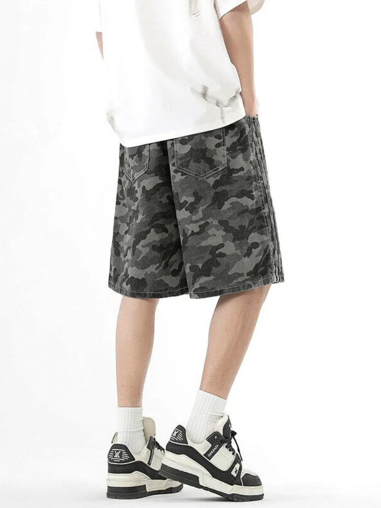 American Retro Camouflage Denim Shorts Men's Loose Casual Straight Loose Handsome Summer Workwear Five-Point Pants