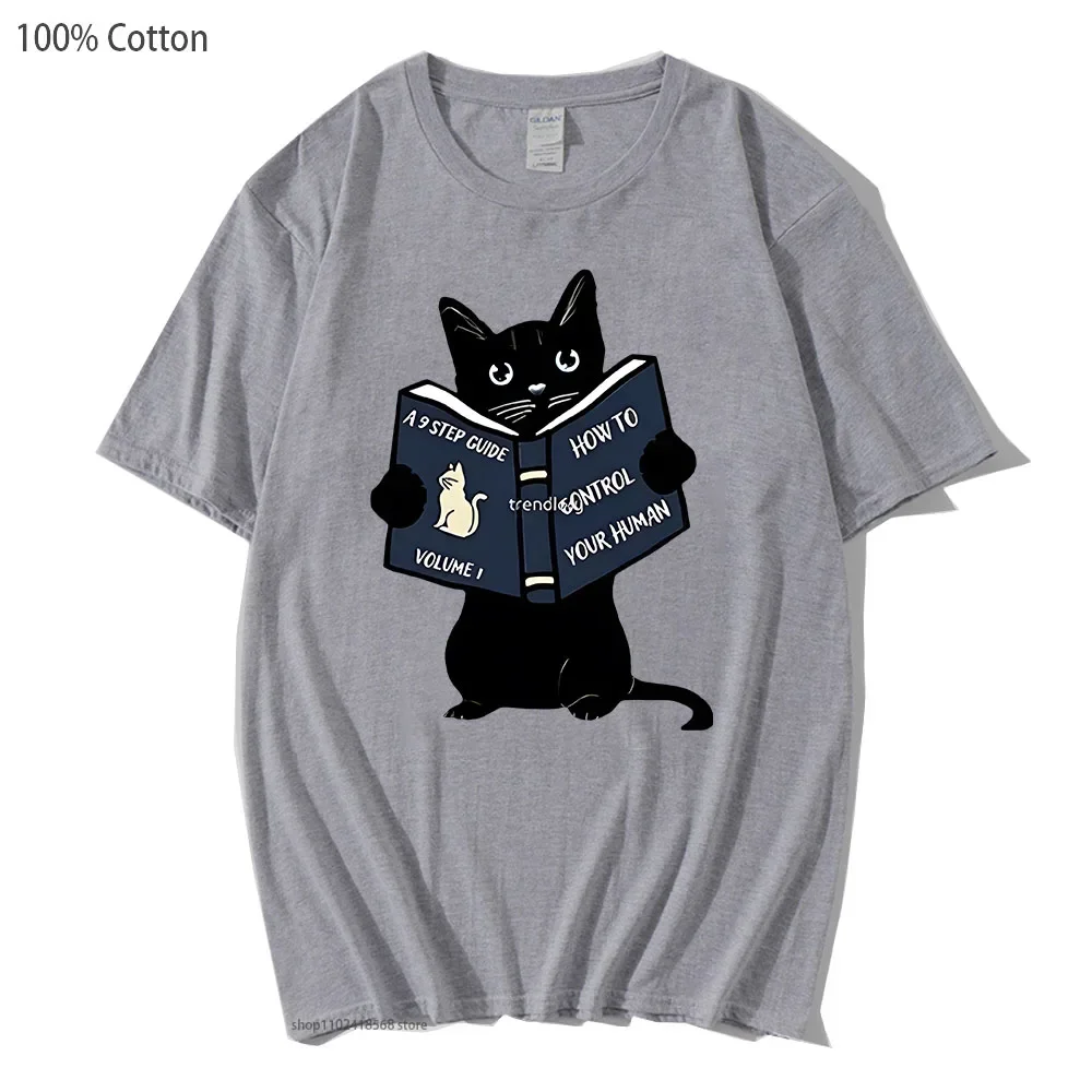 

Funny How To Control Your Human Reading Cats T-Shirts 100% Cotton Summer Clothes Men/Women Tops Short Sleeve Clothing Y2k Top