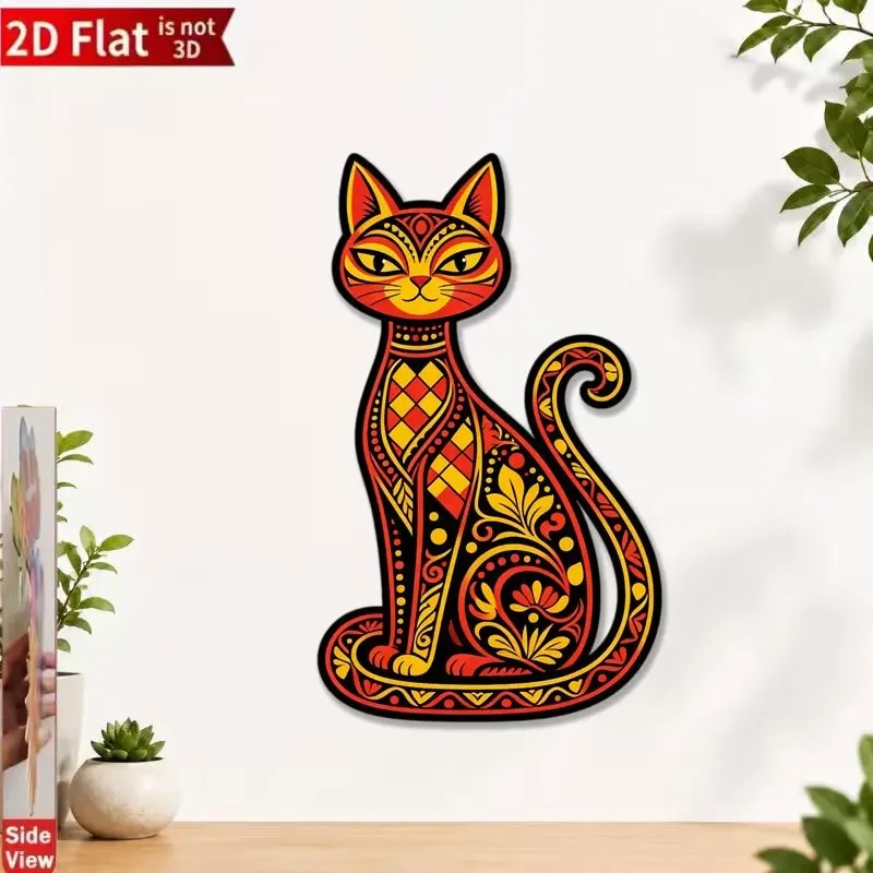 CIFBUY 1pc 2D Flat Printing Vintage American Ethnic Floral Lattice Cat Metal Wall Decor, Painted Exotic Pattern Unique Wall Art