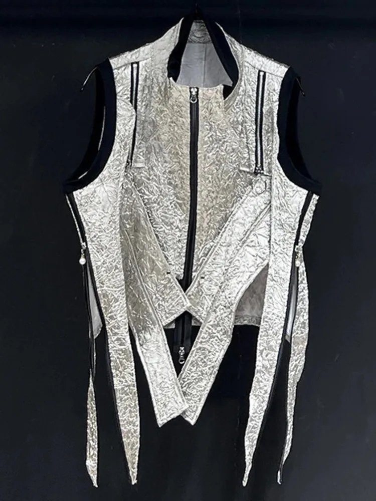 Hign Street Men's Waistcoat Personality Ribbon Spliced Zipper Decoration Sleeveless Fashion Male Vest Summer New JYUT67