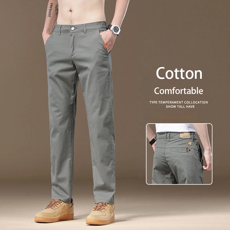 

2024 Spring and Summer Models Men's Thin Straight Casual Pants 97% Cotton Stretch Business Trousers Male Khaki Grey Black