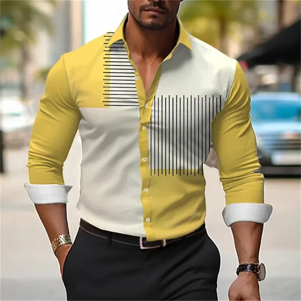 

Men's New Fashion Striped 3D Printed Long-sleeved Lapel Simple Business Shirt Hawaiian Vacation Outdoor Street Color Block Top