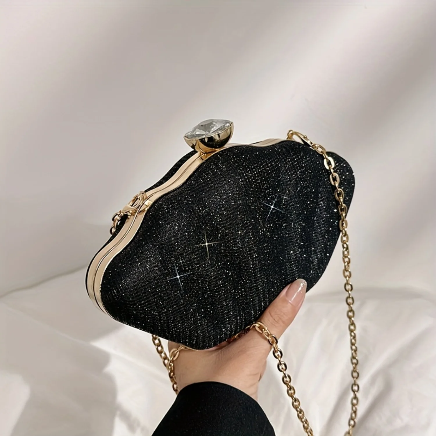 Rhinestone Shell Evening Bag for Women, Chain Crossbody Wedding Prom Party Festivals
