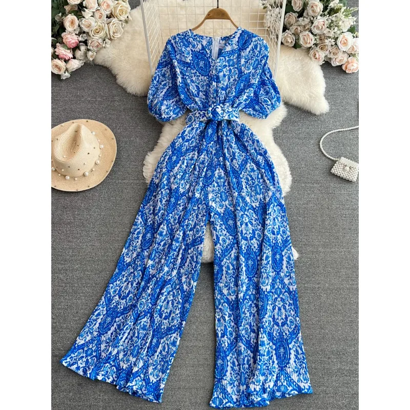 Sweet Memory Summer Women Print Draped Romper Female Vintage V-Neck Short Puff Sleeve High Waist Pleated Wide Leg Jumpsuits